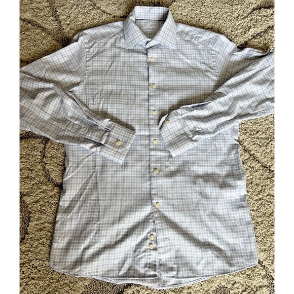 ETON Shirt Mens 15.5 39 Medium Blue White Plaid Contemporary Fit Dress Business - Picture 3 of 7